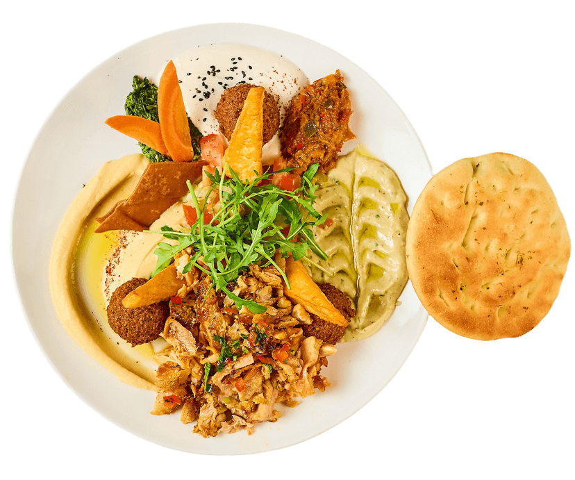 Baraka gemischte arabische Platte mit Falafel, Halloumi, Hummus und Hähnchenschawarma